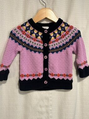 Hanna Andersson Purple Fair Isle Knit Cardigan Flower Buttons 3-6 Months